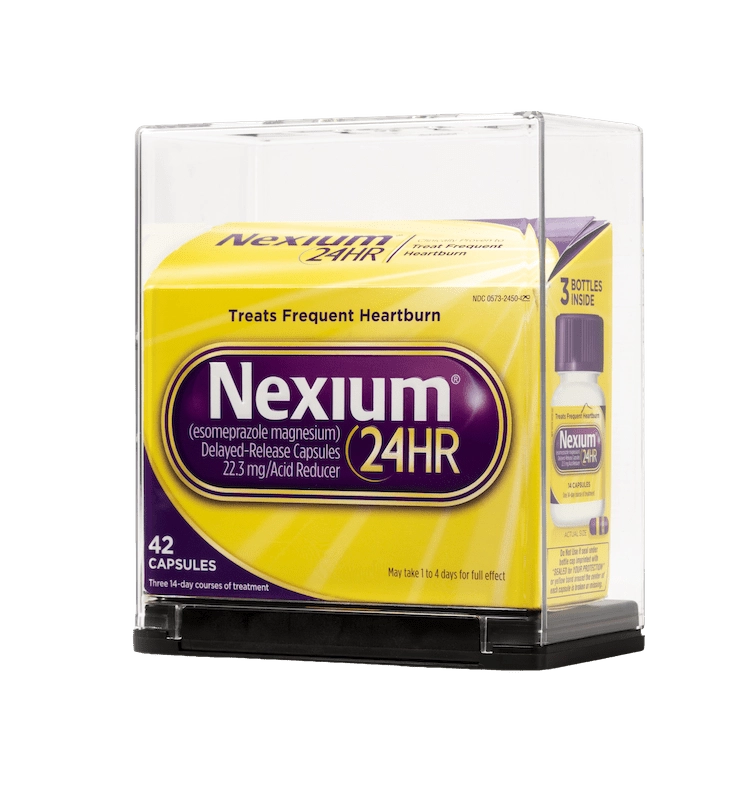 Caja de medicamentos Nexium en una caja de seguridad Sell-Thru