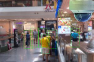 Cámara de vigilancia con inteligencia artificial que rastrea a los compradores en tiendas minoristas para la prevención de pérdidas.