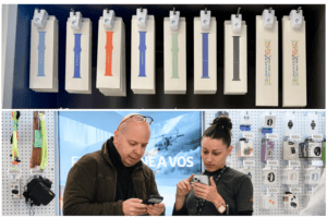 Mercancía colgante que se exhibe y asegura mediante StopLok por InVue En Claro, tienda de telecomunicaciones.