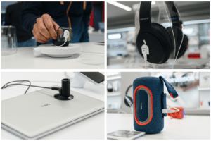 Auriculares, audífonos, computadoras portátiles, pequeños dispositivos electrónicos, altavoces que se aseguran y exhiben por InVue 's Zips solución de seguridad.