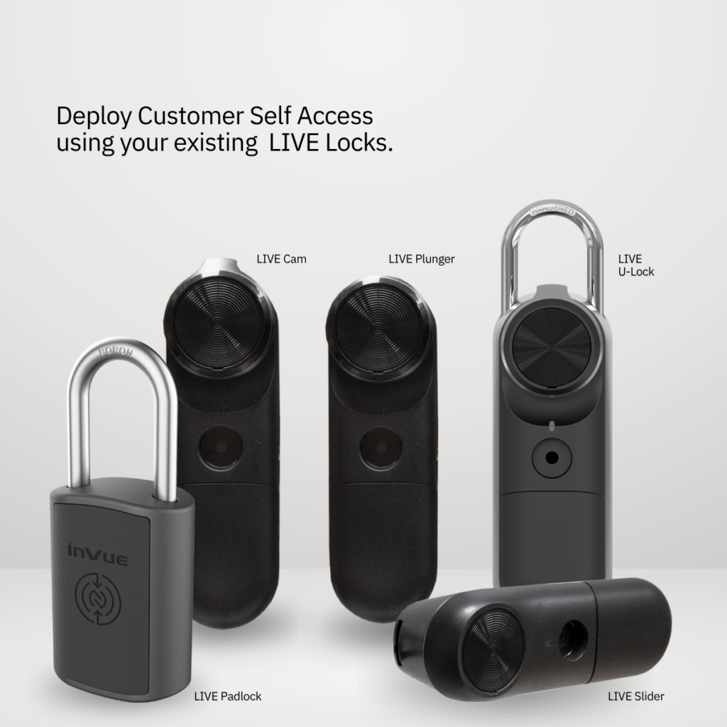 InVue LIVE Gama de cerraduras compatibles con el sistema «Customer Self-Access», que incluye: LIVE (cerradura de leva), LIVE (cerradura de émbolo), LIVE (U-Lock), LIVE (Padlock) y LIVE (cerradura deslizante).