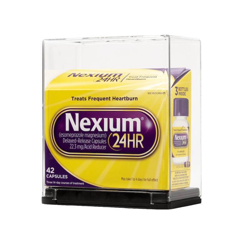 Caja de medicamentos Nexium en una caja de seguridad Sell-Thru