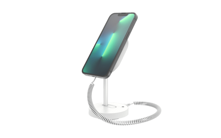 MagStand blanco para dispositivos portátiles con teléfono