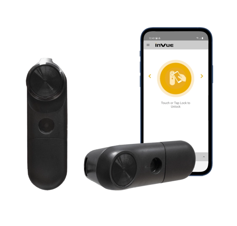 InVue LIVE Plunger Lock para puertas de cristal con marco metálico y puertas bypass de madera