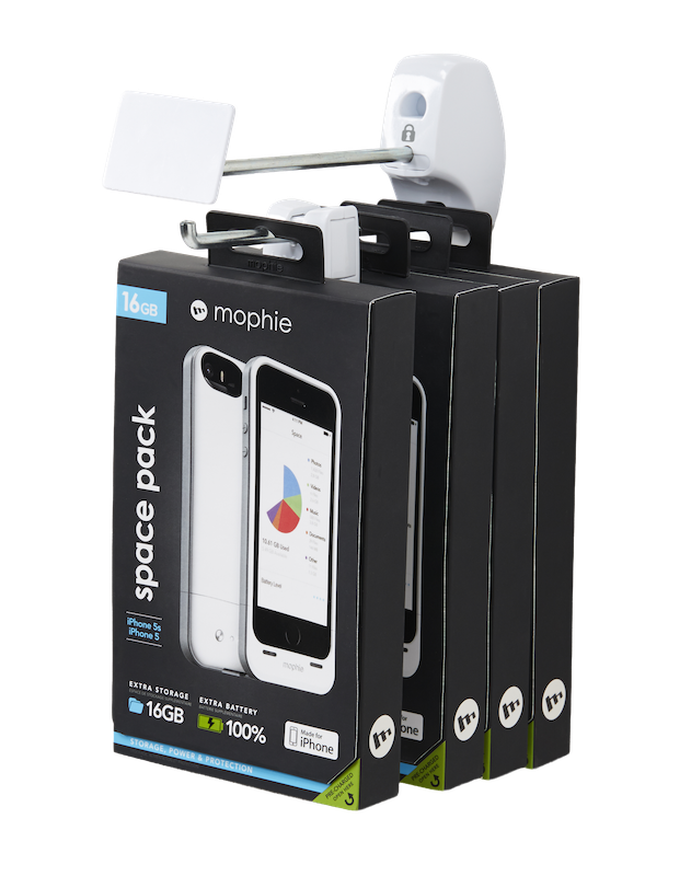 Caja de accesorios telefónicos colgada de un gancho de seguridad InVue .