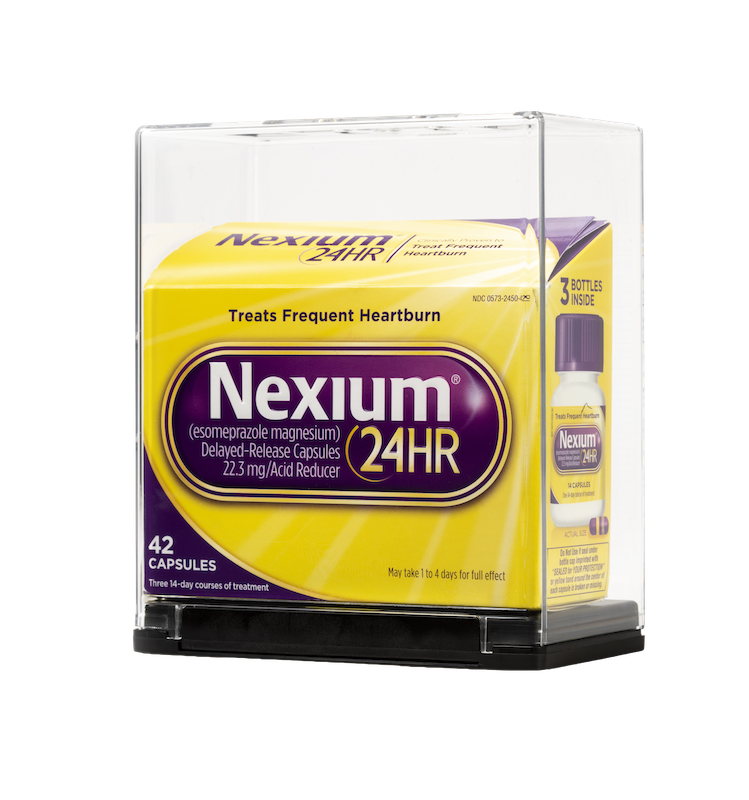 Caja de medicamentos Nexium en una caja de seguridad Sell-Thru