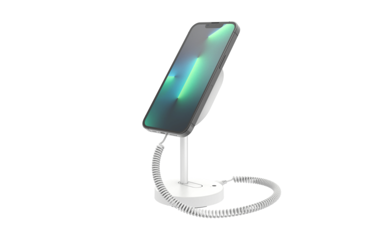 MagStand blanco para dispositivos portátiles con teléfono